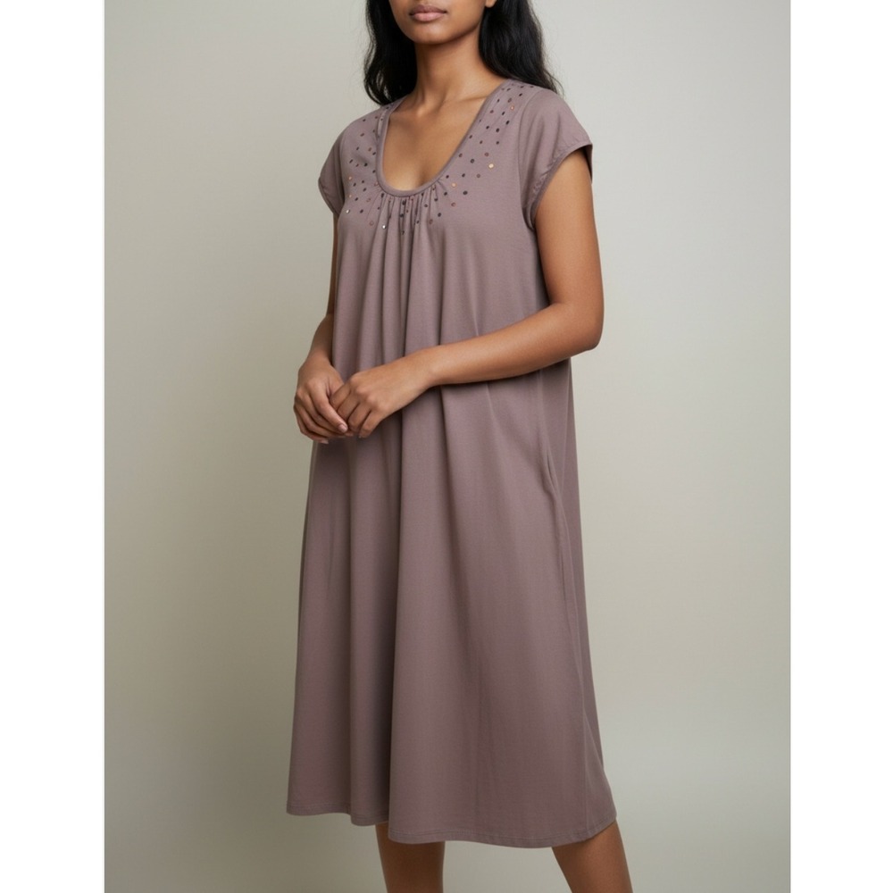 Matta Sequin Neckline Short Sleeve Cotton Dress in Brown Size Large